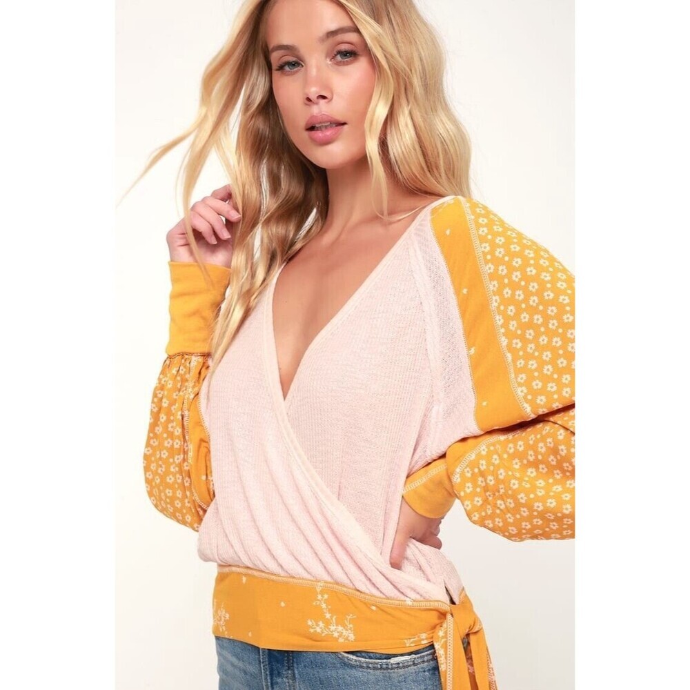 Free People Auxton Floral Thermal Wrap Top in Micro Floral Boho Pink Sweater